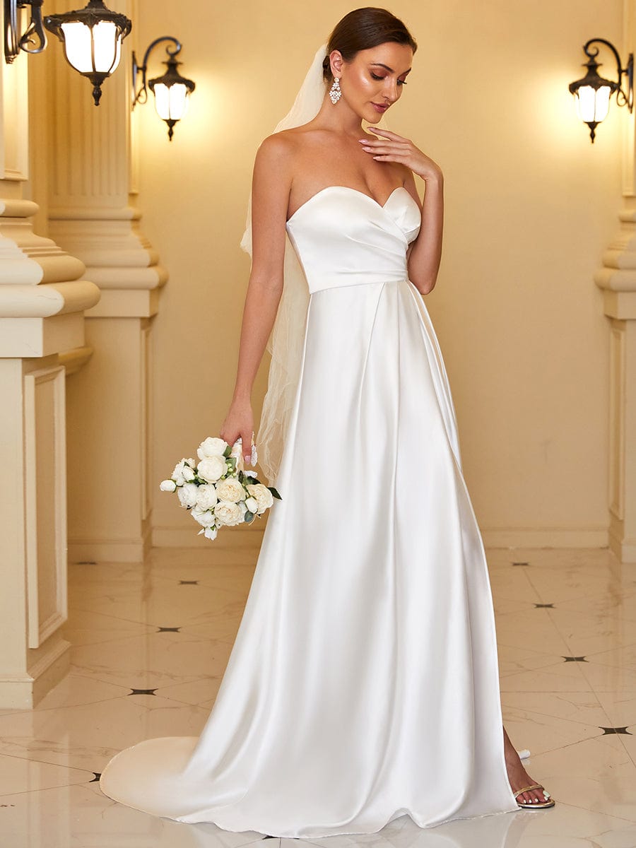 Satin Pleated Sweetheart Sleeveless Front Slit Wedding Dress #color_White