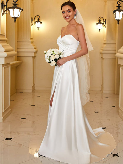 Satin Pleated Sweetheart Sleeveless Front Slit Wedding Dress #color_White