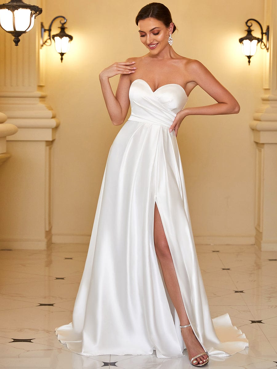 Satin Pleated Sweetheart Sleeveless Front Slit Wedding Dress #color_White