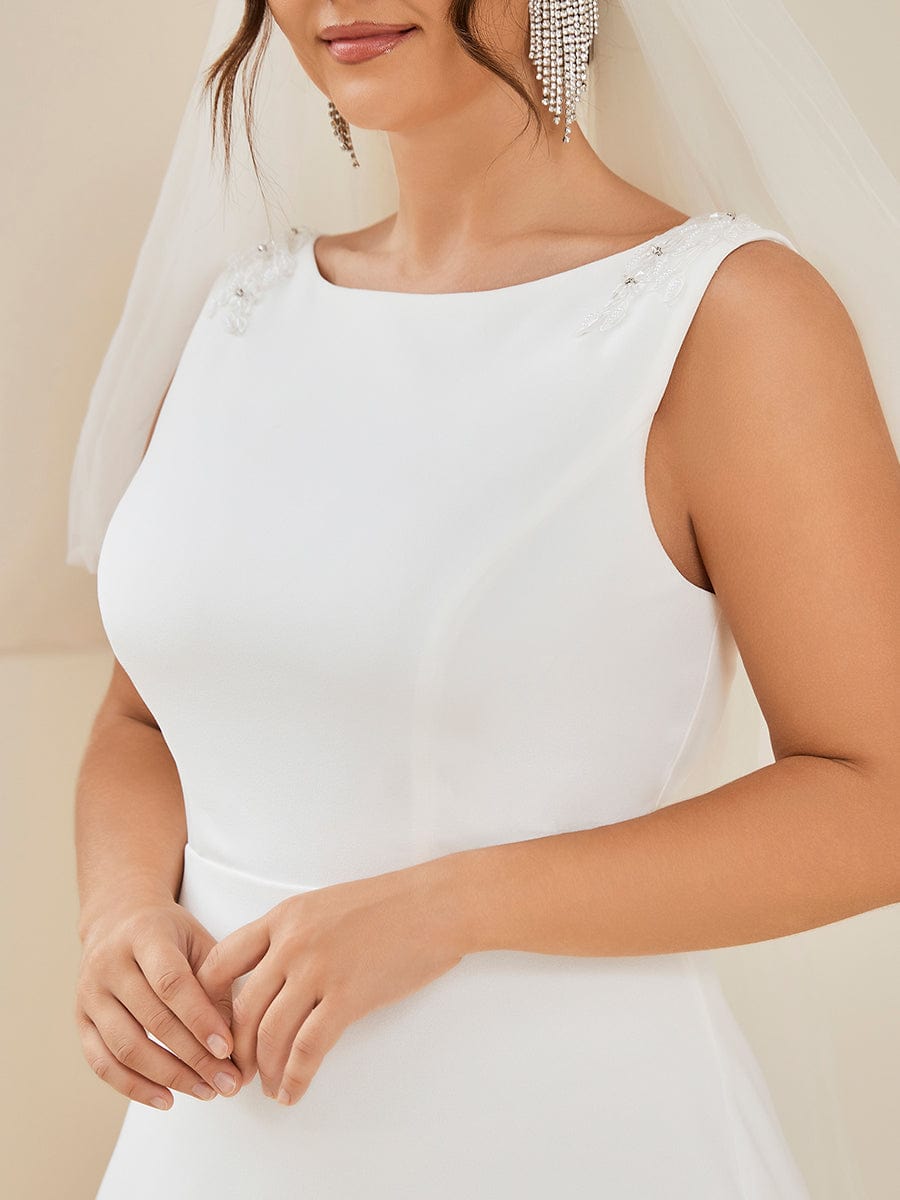 Plus Size Sleeveless Round Neck Bodycon Fishtail Wedding Dress #color_White 