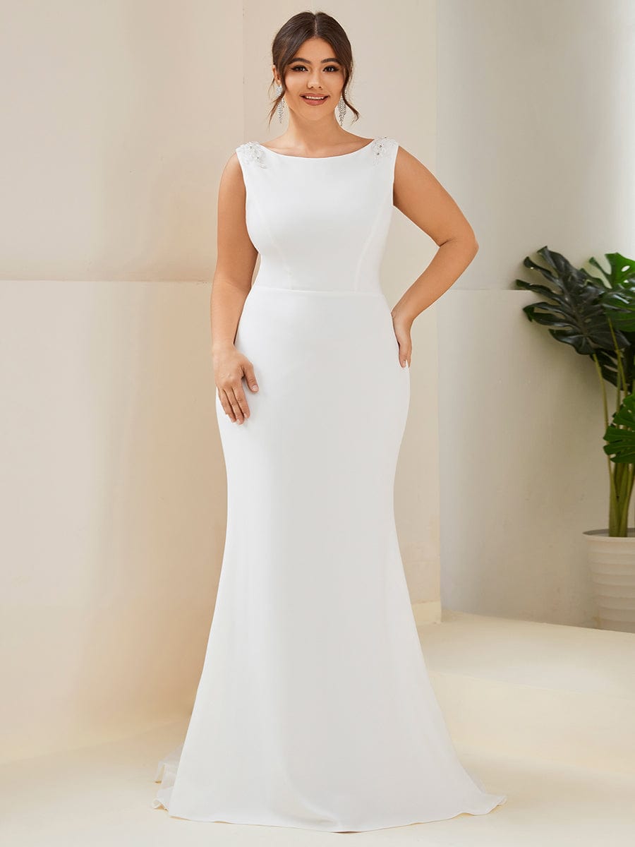 Plus Size Sleeveless Round Neck Bodycon Fishtail Wedding Dress #color_White 