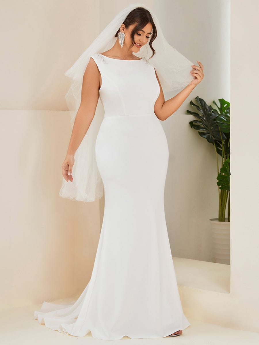 Plus Size Sleeveless Round Neck Bodycon Fishtail Wedding Dress #color_White 