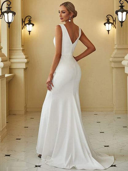 Bodycon Sleeveless High Neck Low Back Fishtail Wedding Dress #color_White 