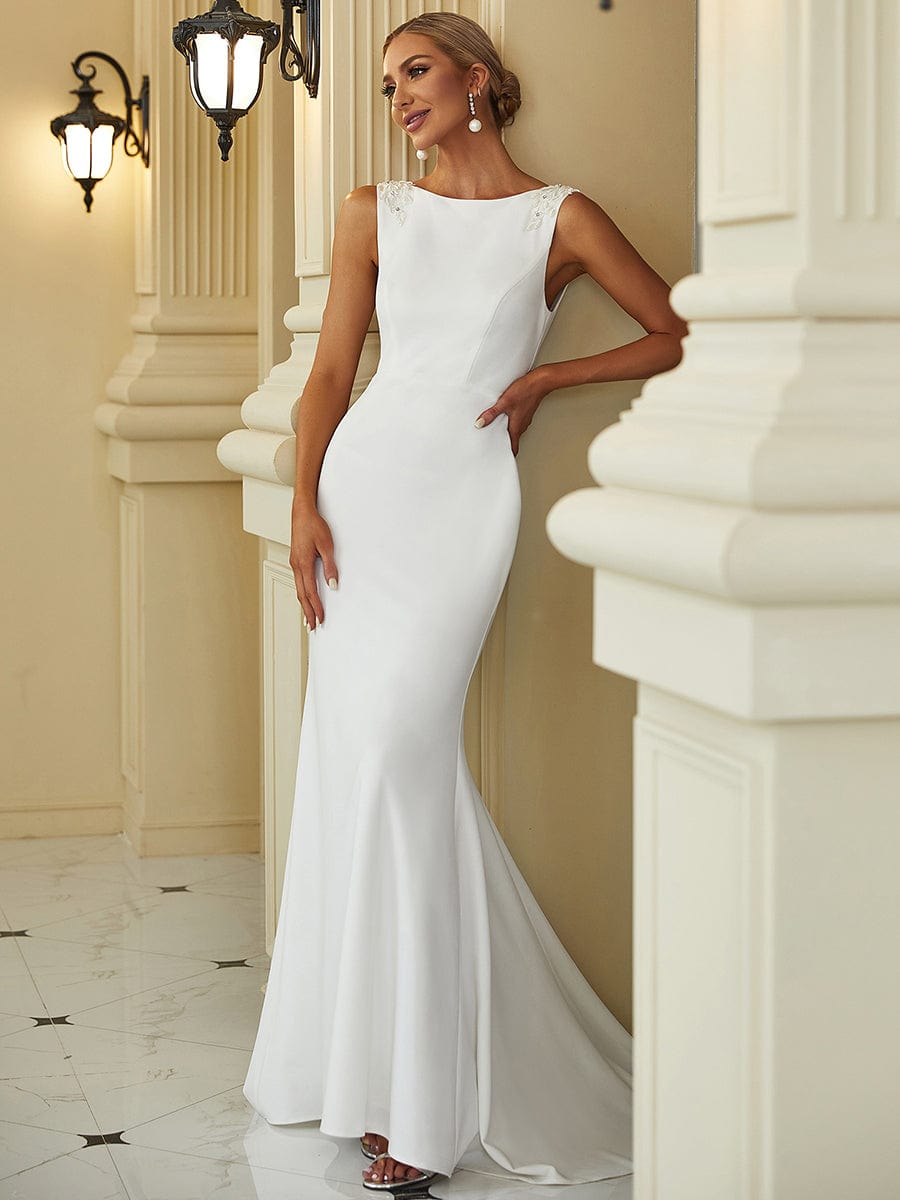 Bodycon Sleeveless High Neck Low Back Fishtail Wedding Dress #color_White 