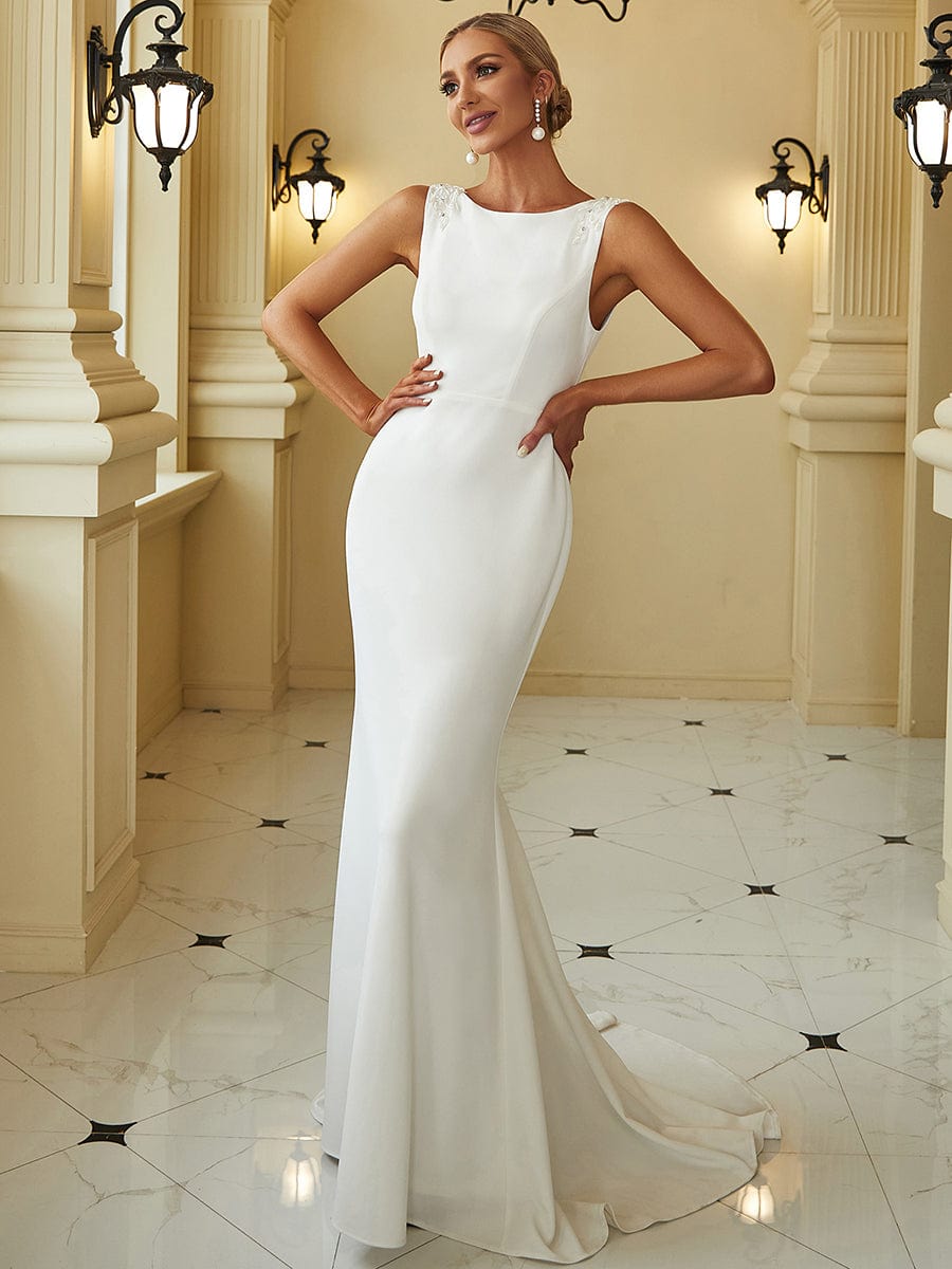 Bodycon Sleeveless High Neck Low Back Fishtail Wedding Dress #color_White 