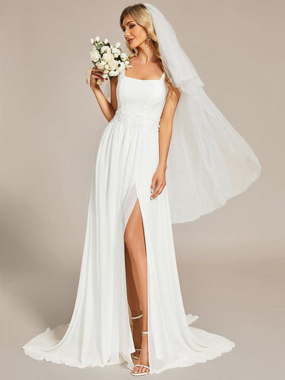 Minimalist Square Neckline High Slit Wedding Dress with Lace Applique #color_White