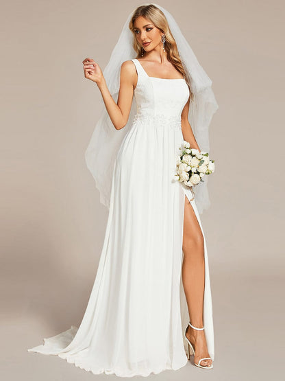 Minimalist Square Neckline High Slit Wedding Dress with Lace Applique #color_White