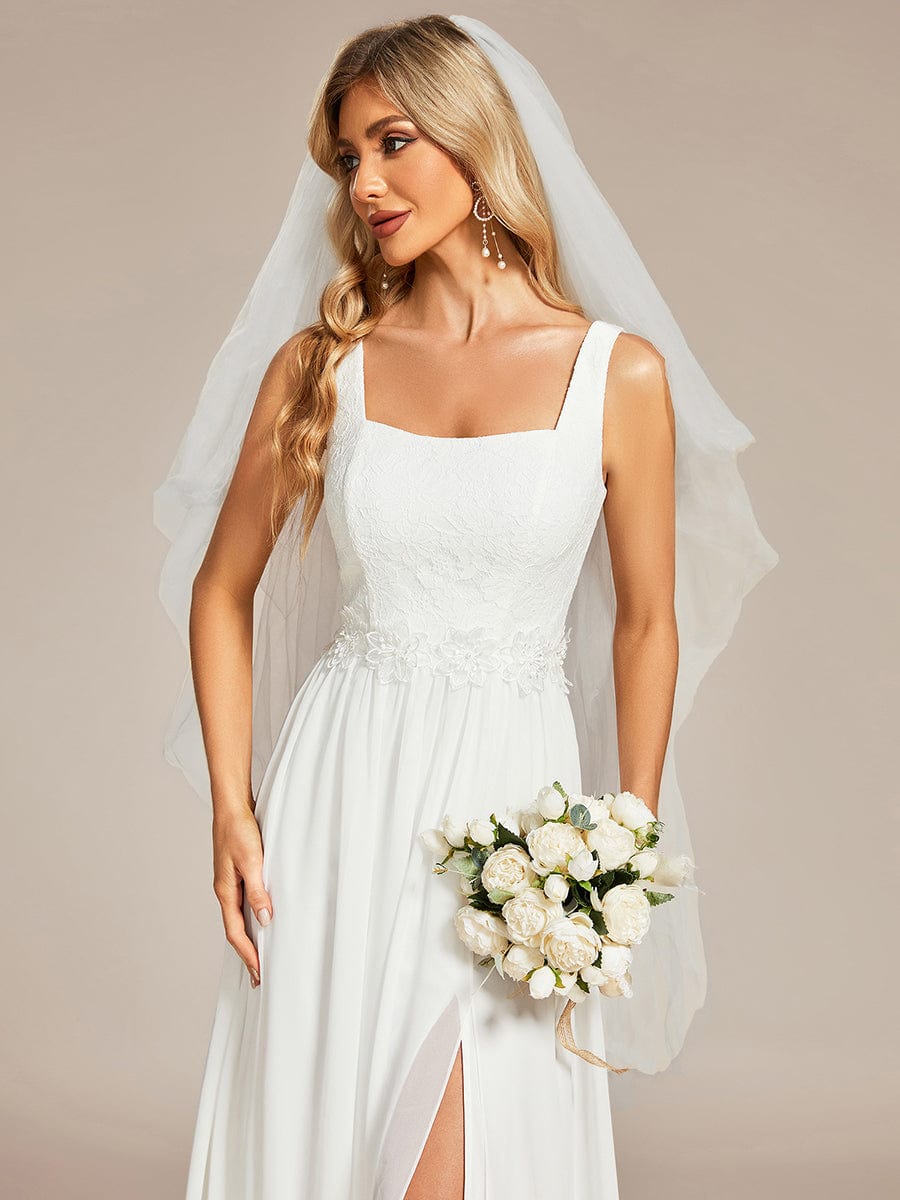 Minimalist Square Neckline High Slit Wedding Dress with Lace Applique #color_White