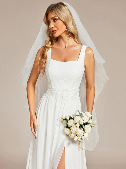 Minimalist Square Neckline High Slit Wedding Dress with Lace Applique #color_White