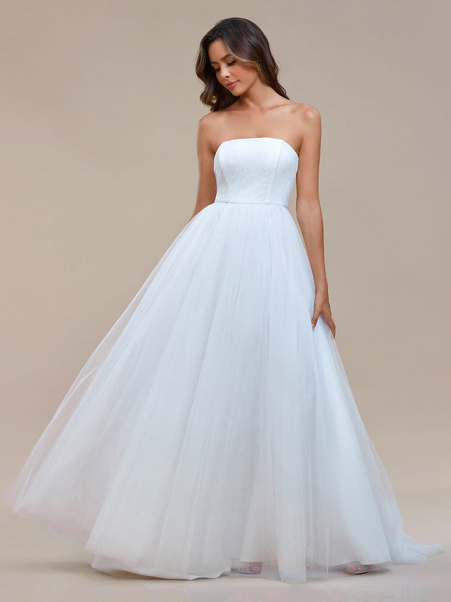 Romantic Back-laced Adjustable Strapless A-Line Tulle Wedding Dress #color_White