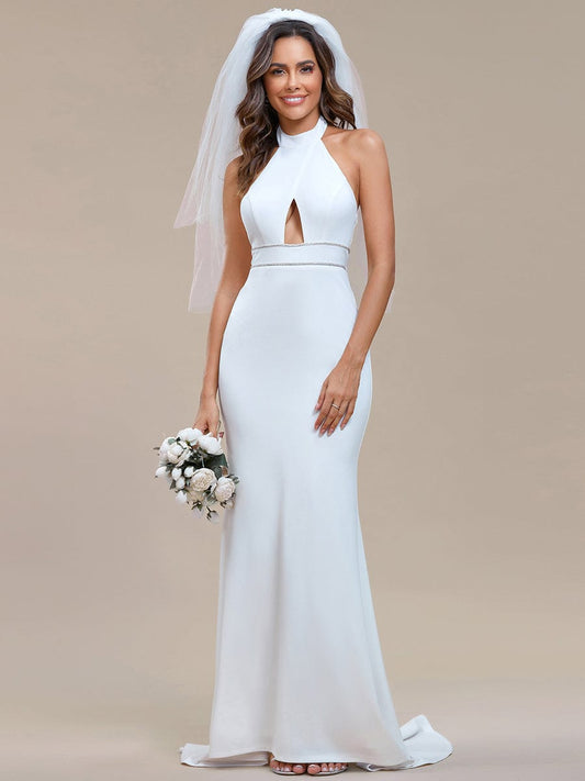 Halter Hollow Out Sleeveless Waist Detail Mermaid Wedding Dress #color_White