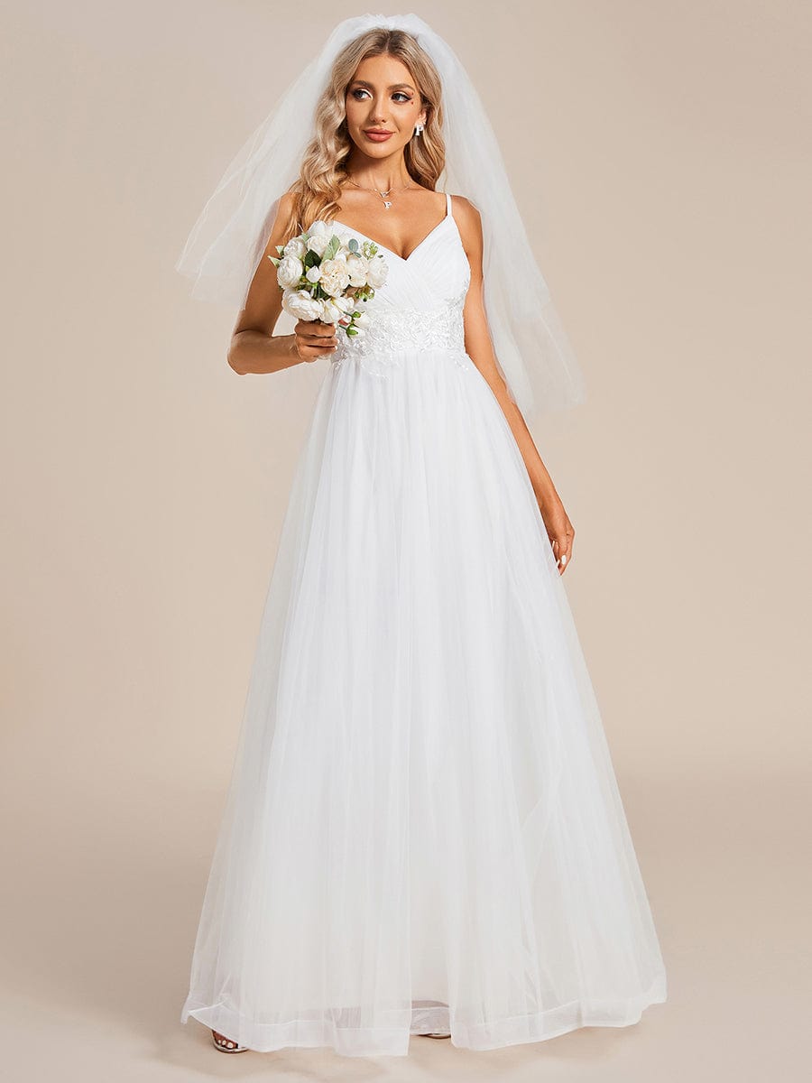 Spaghetti Straps V-Neck Waist Applique A-Line Tulle Wedding Dress