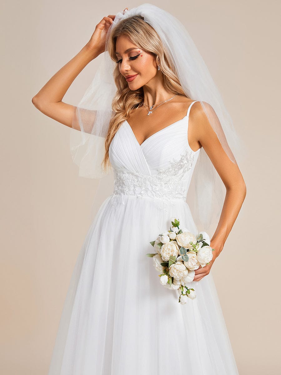 Spaghetti Straps V-Neck Waist Applique A-Line Tulle Wedding Dress #color_White