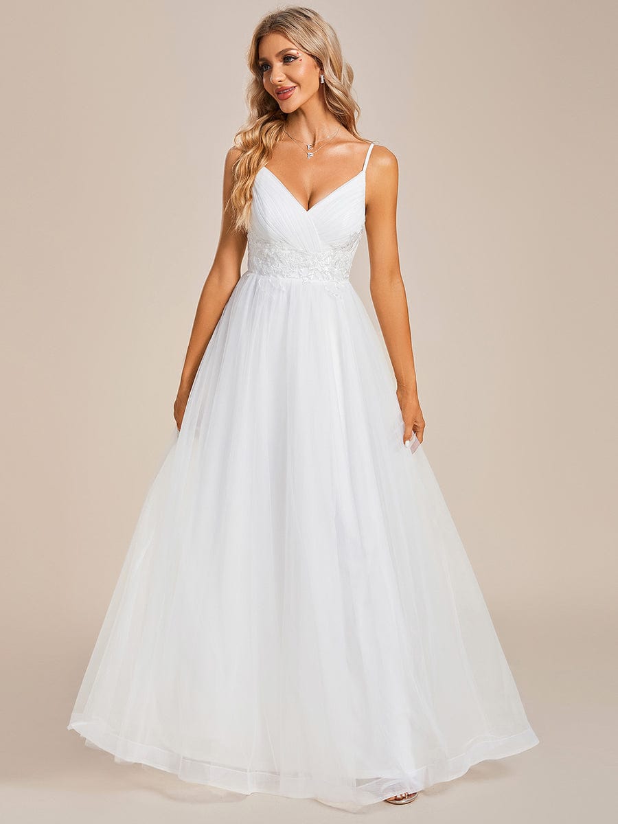 Spaghetti Straps V-Neck Waist Applique A-Line Tulle Wedding Dress #color_White