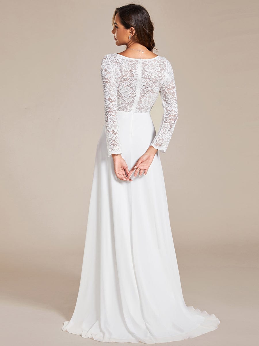 Lace Long Sleeves Eyelash Edge Bodycon Mermaid Chiffon Wedding Dress #color_White