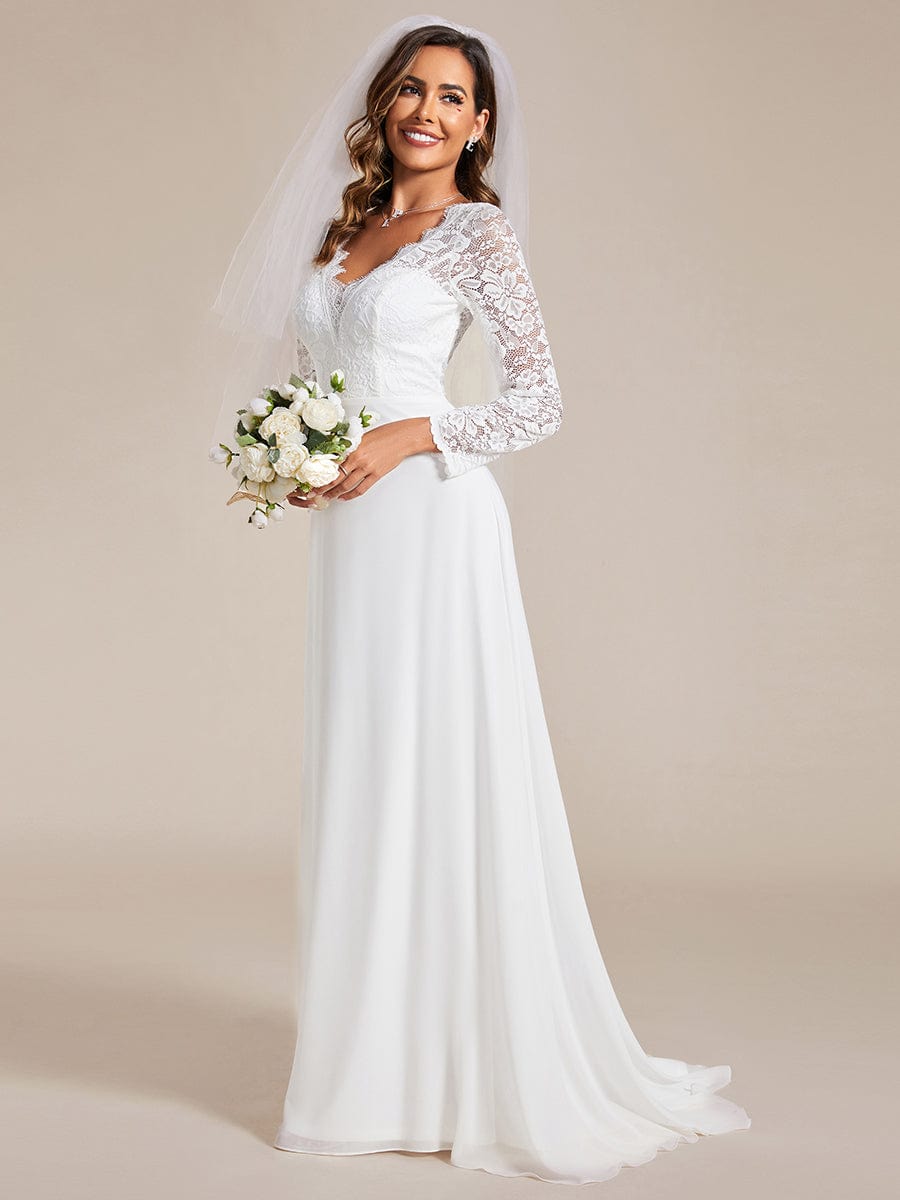 Lace Long Sleeves Eyelash Edge Bodycon Mermaid Chiffon Wedding Dress #color_White