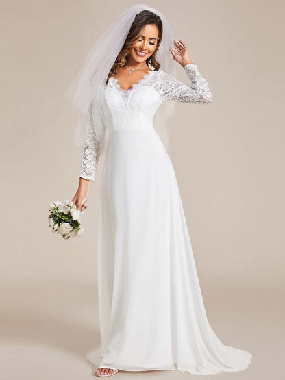 Lace Long Sleeves Eyelash Edge Bodycon Mermaid Chiffon Wedding Dress #color_White