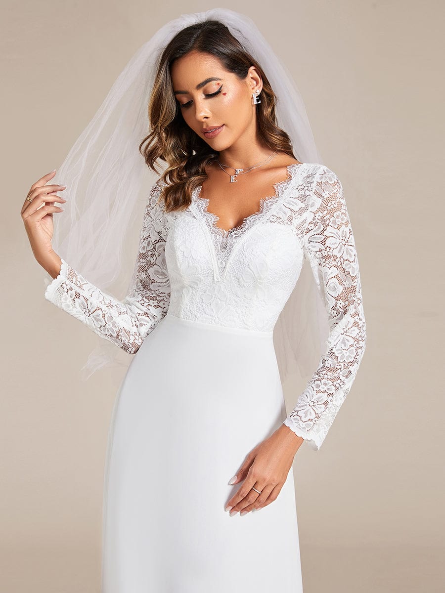 Lace Long Sleeves Eyelash Edge Bodycon Mermaid Chiffon Wedding Dress #color_White