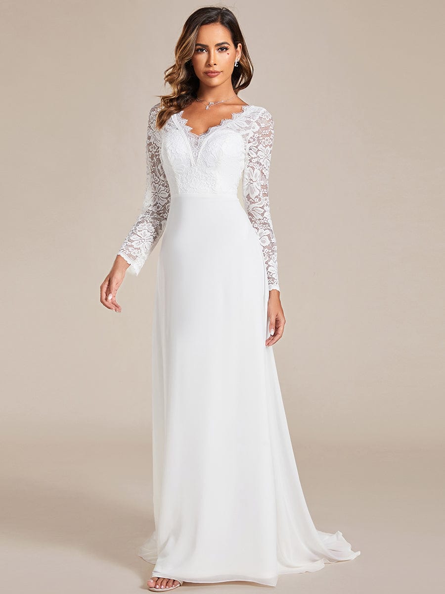 Lace Long Sleeves Eyelash Edge Bodycon Mermaid Chiffon Wedding Dress #color_White