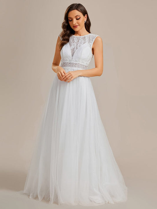 Cover Sleeve See-Through Round Neckline Lace Embroidery Wedding Dress #color_White