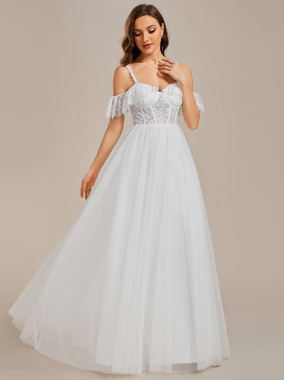 Romantic See-Through Lace Bodice Spaghetti Strap Short Sleeve Tulle Wedding Dress #color_White