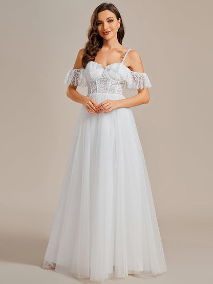 Romantic See-Through Lace Bodice Spaghetti Strap Short Sleeve Tulle Wedding Dress