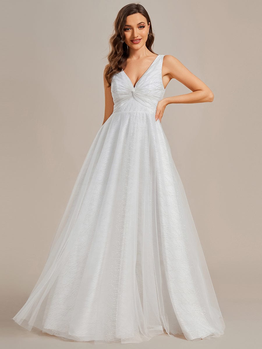 Classical Tulle Glittery Pleated Double V-Neck A-Line Wedding Dress with Train #color_White