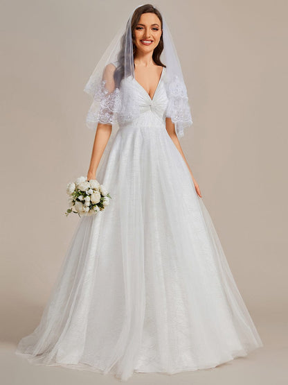 Classical Tulle Glittery Pleated Double V-Neck A-Line Wedding Dress with Train #color_White