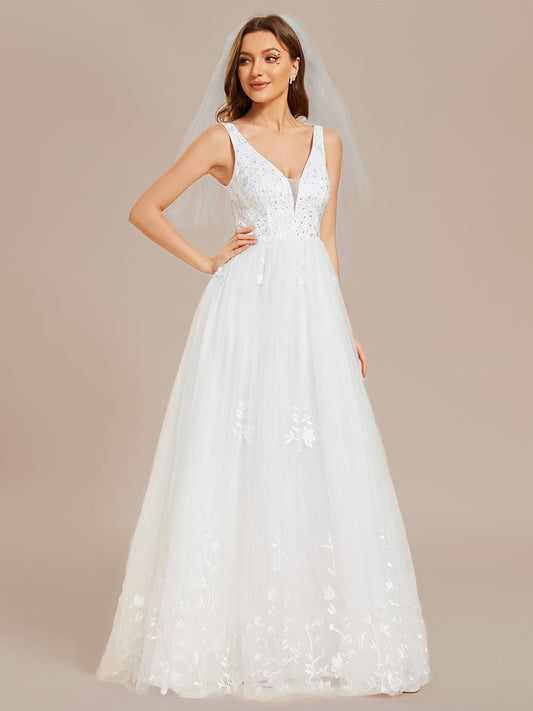 Sleeveless V-Neck A Line Embroidered Tulle Wedding Dress with Applique #color_White