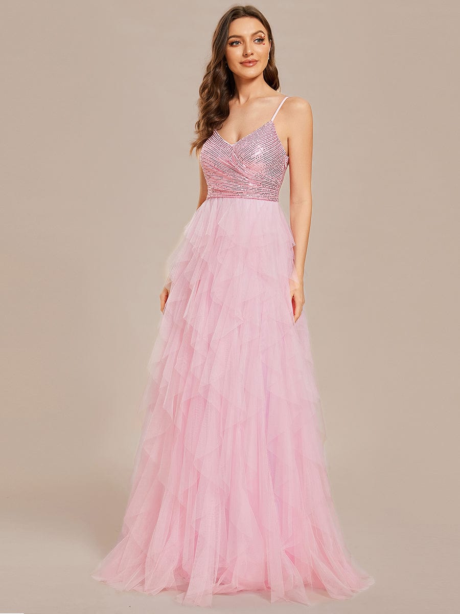 Sparkling V-Neck Spaghetti Strap Tiered Tulle Wedding Dress #color_Pink