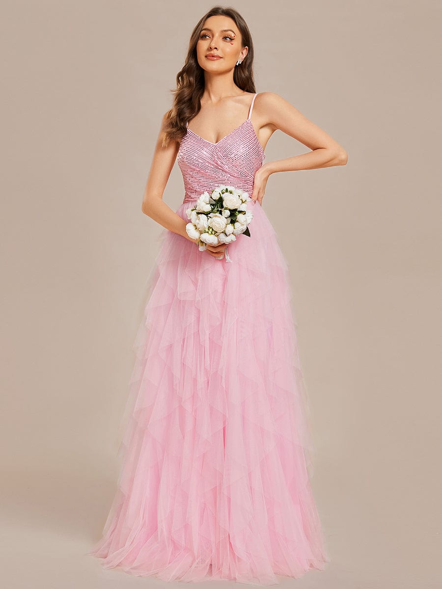 Sparkling V-Neck Spaghetti Strap Tiered Tulle Wedding Dress #color_Pink