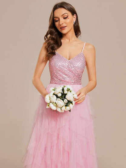 Sparkling V-Neck Spaghetti Strap Tiered Tulle Wedding Dress #color_Pink