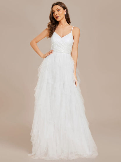 Sparkling V-Neck Spaghetti Strap Tiered Tulle Wedding Dress #color_White