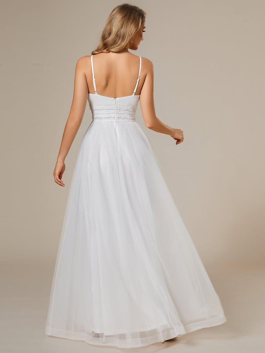 Classic Adjustable Spaghetti Strap Tulle Wedding Dress with Waist Paillette Chain #color_White