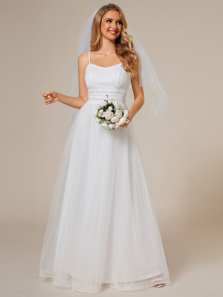 Classic Adjustable Spaghetti Strap Tulle Wedding Dress with Waist Paillette Chain #color_White