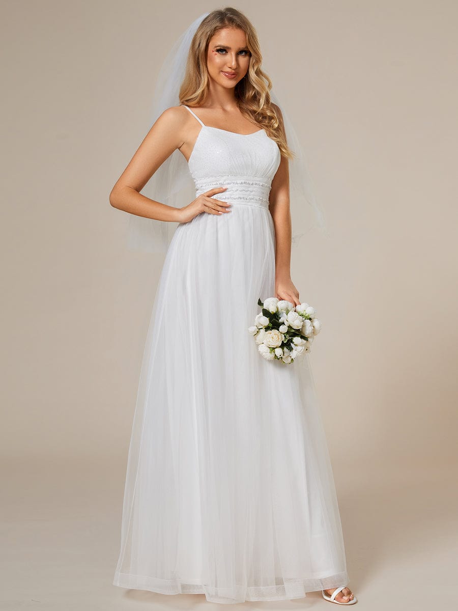 Classic Adjustable Spaghetti Strap Tulle Wedding Dress with Waist Paillette Chain #color_White