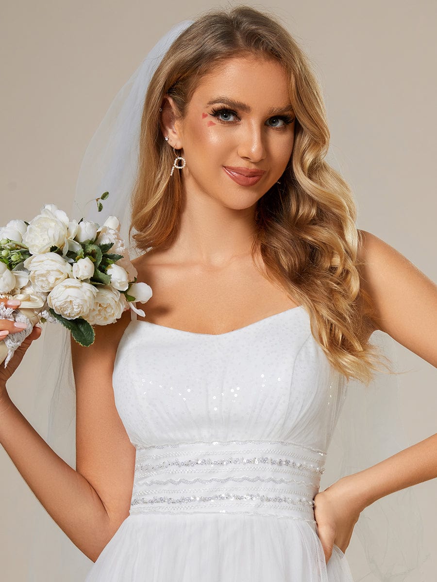 Classic Adjustable Spaghetti Strap Tulle Wedding Dress with Waist Paillette Chain #color_White