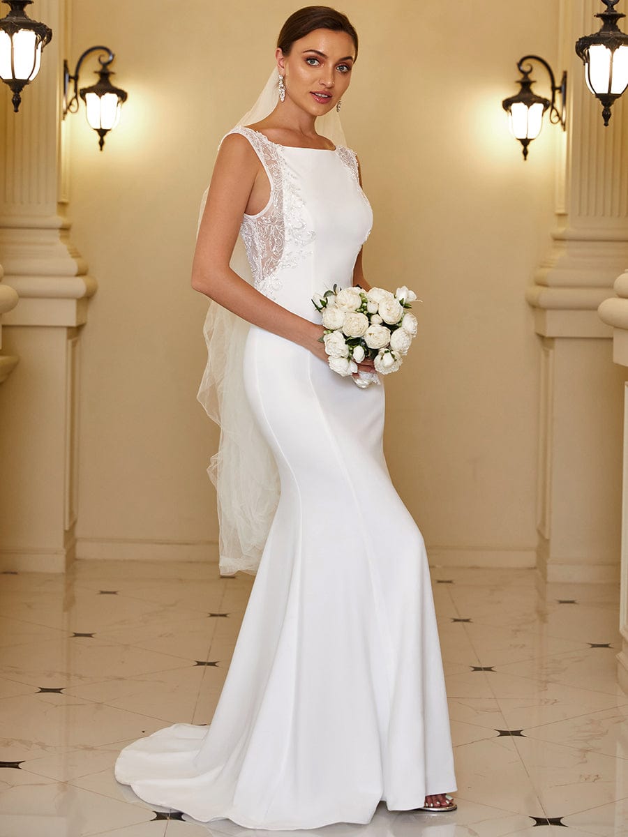 Sleeveless Lace Backless Fishtail Bodycon Wedding Dress #color_White 