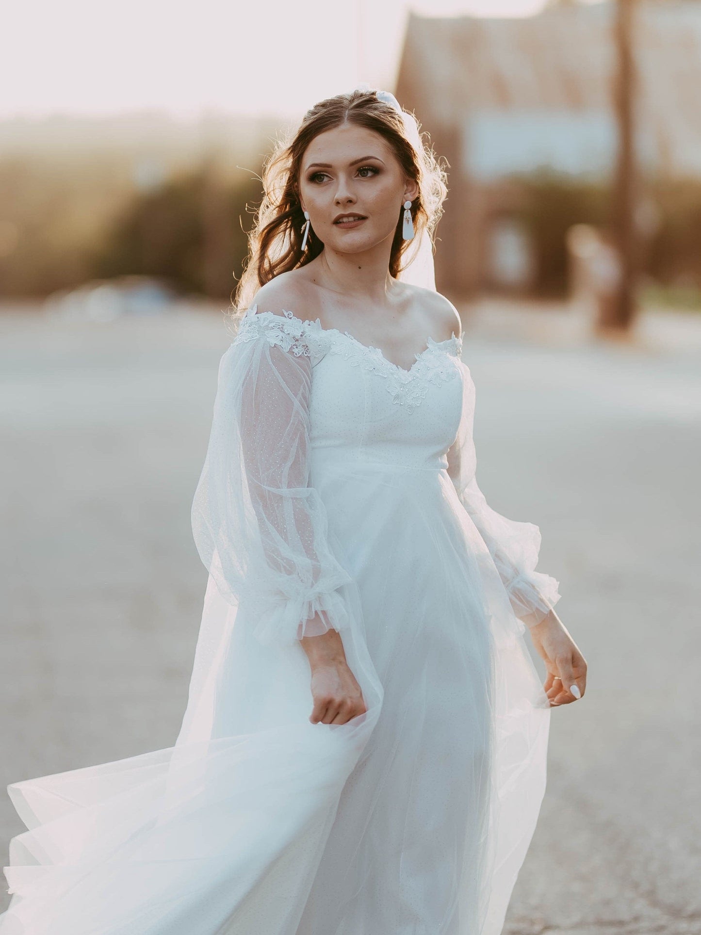 Sheer Lantern Sleeve Off the Shoulder Wedding Dress #color_Cream