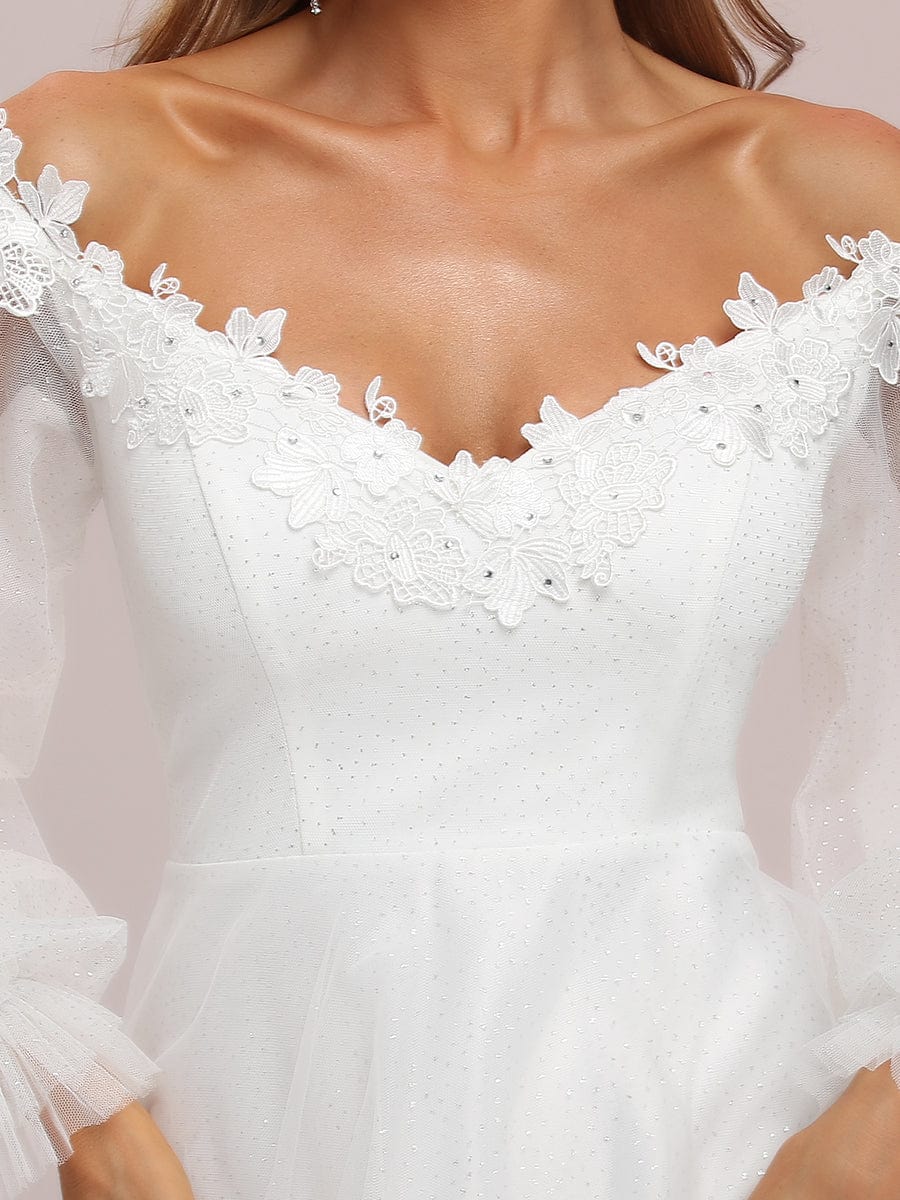 Sheer Lantern Sleeve Off the Shoulder Wedding Dress #color_Cream