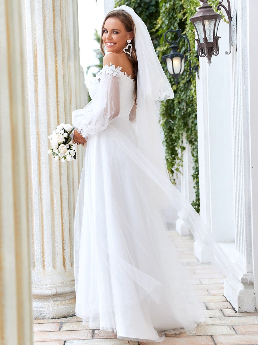 Sheer Lantern Sleeve Off the Shoulder Wedding Dress #color_Cream