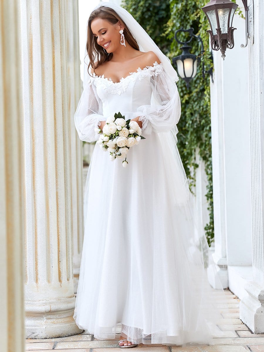 Sheer Lantern Sleeve Off the Shoulder Wedding Dress #color_Cream