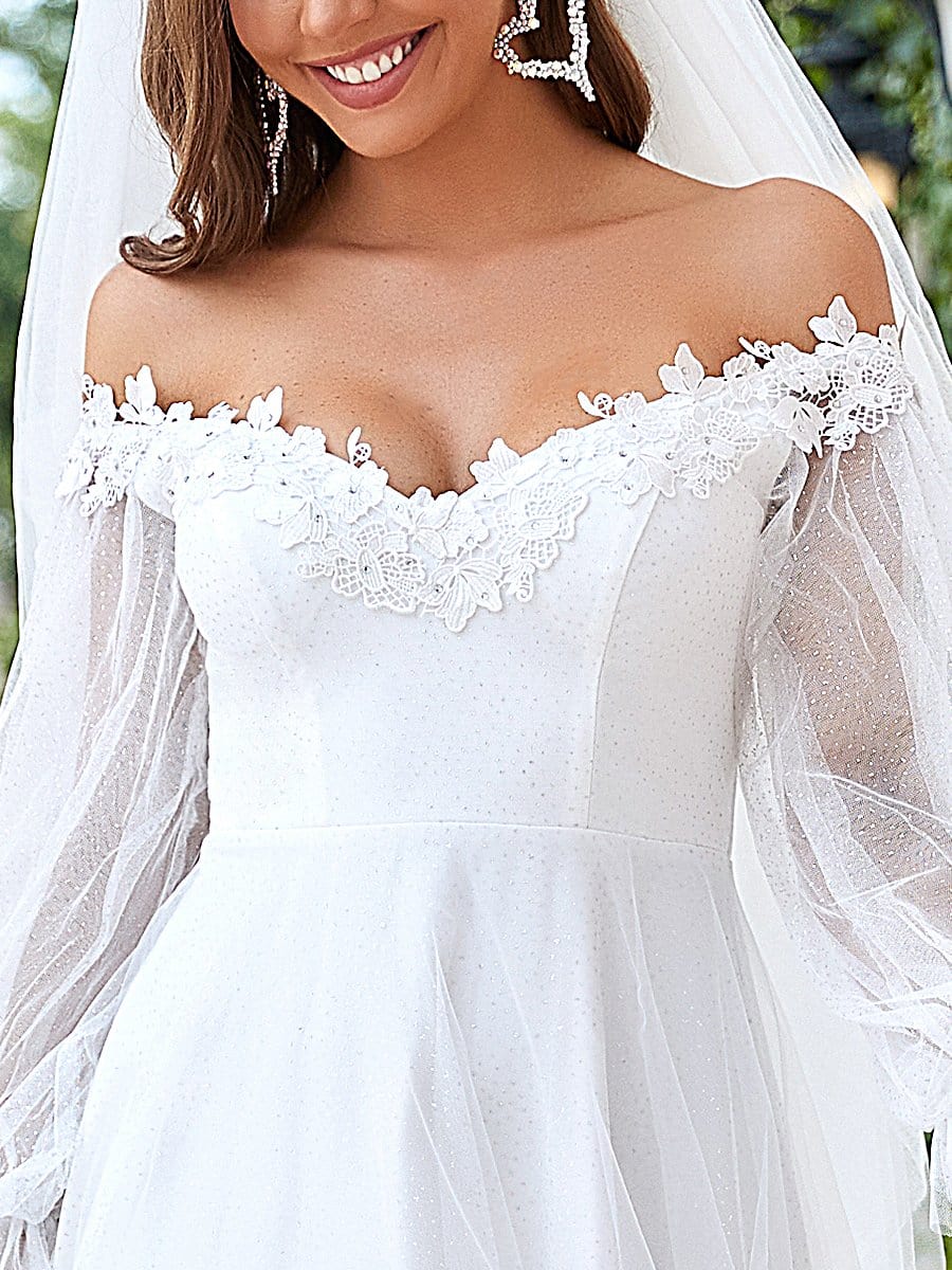 Sheer Lantern Sleeve Cold Shoulder Wedding Dress #color_Cream