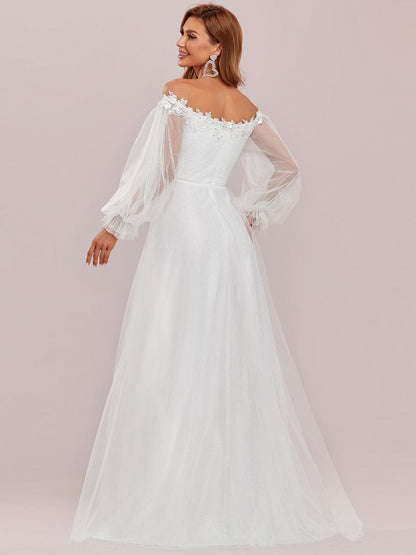 Sheer Lantern Sleeve Off the Shoulder Wedding Dress #color_Cream