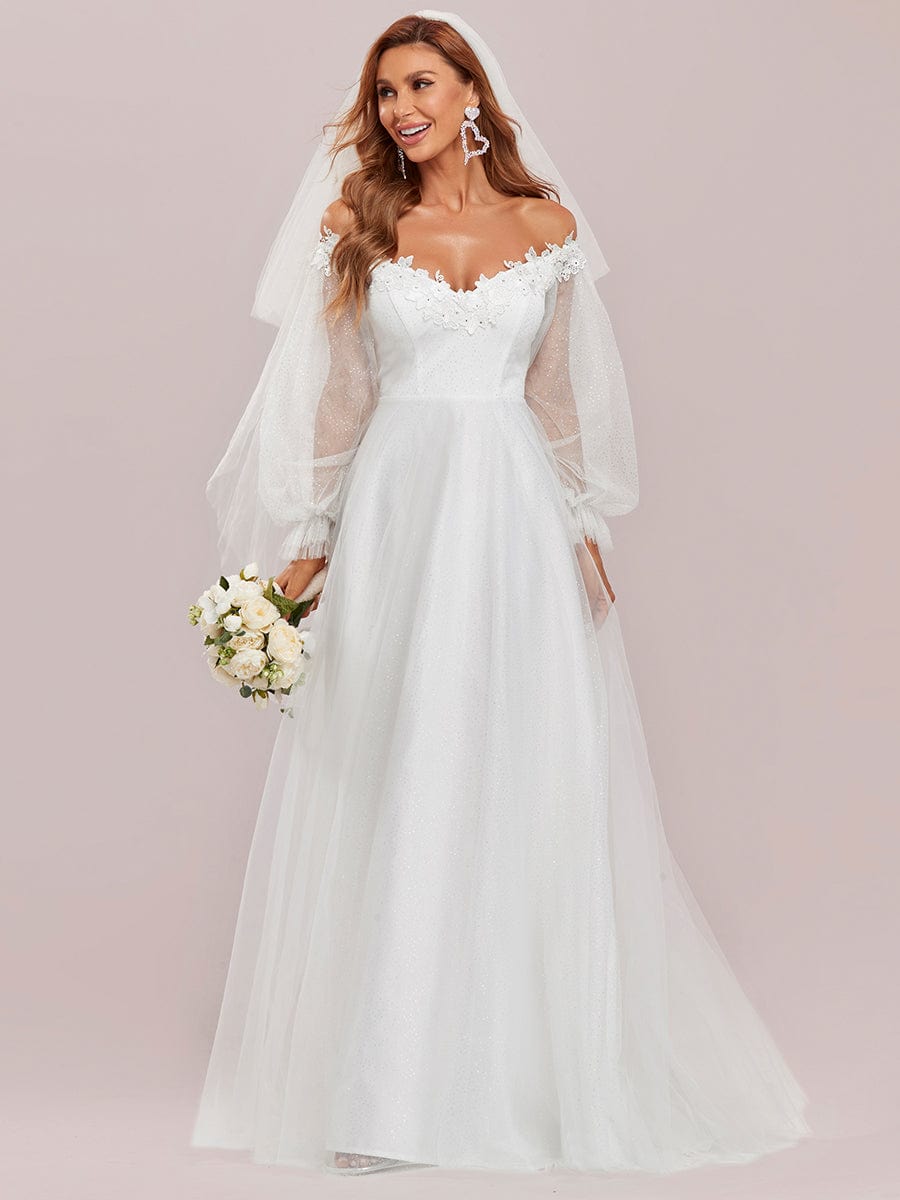 Sheer Lantern Sleeve Off the Shoulder Wedding Dress #color_Cream