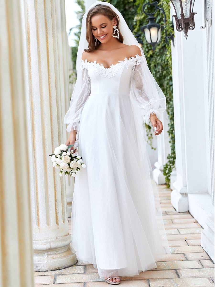 Sheer Lantern Sleeve Off the Shoulder Wedding Dress #color_Cream