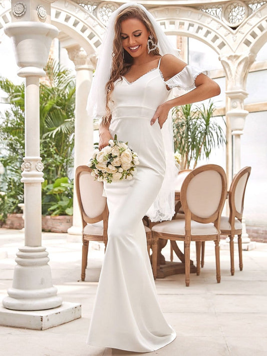 Color=Cream | Bodycon Cold Shoulder V-Neck Fishtail Simple Wedding Dress-Cream 1