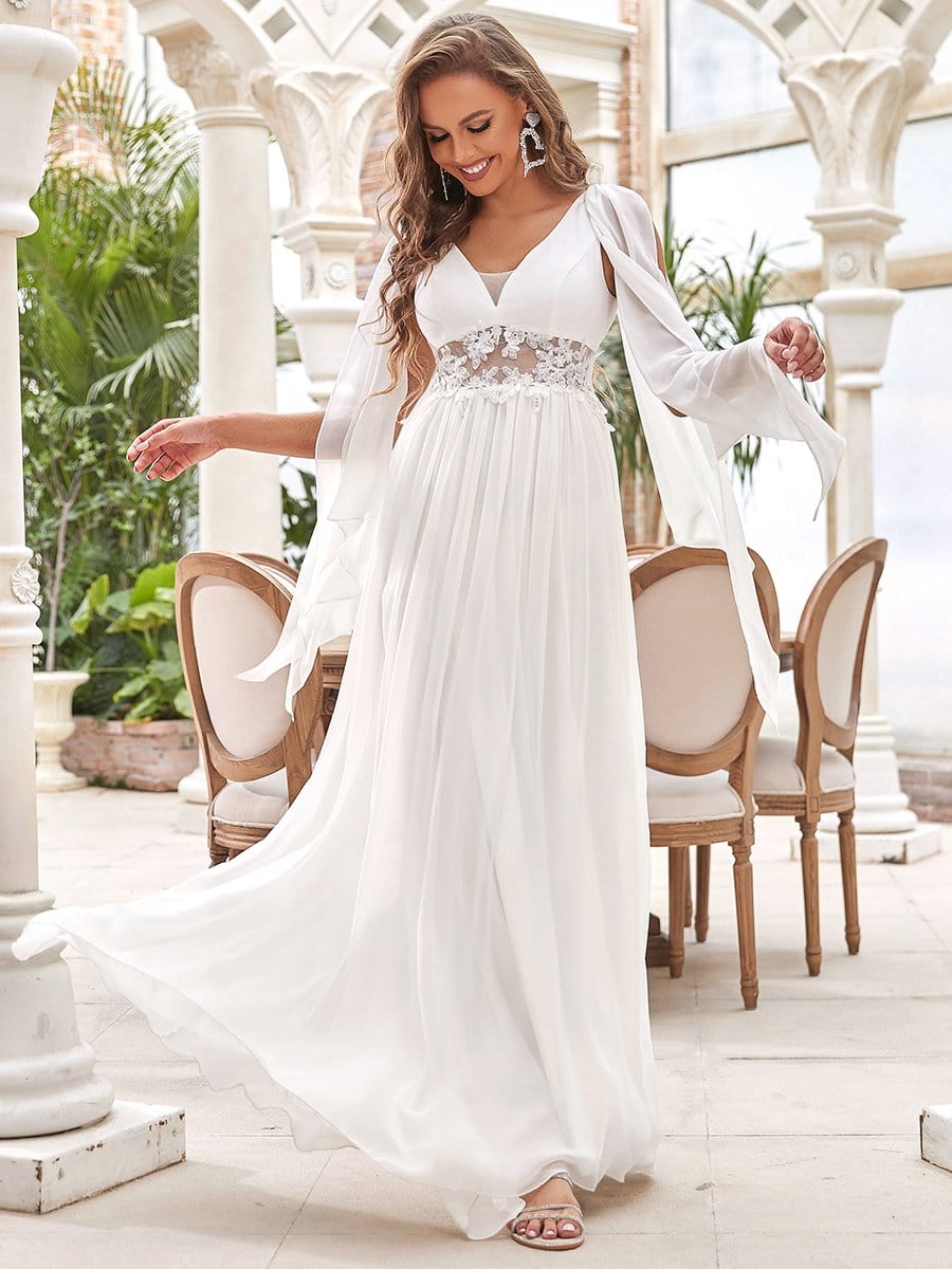 Illusion Lace V-Neck Cape Sleeves A-Line Wedding Dress #color_Cream 