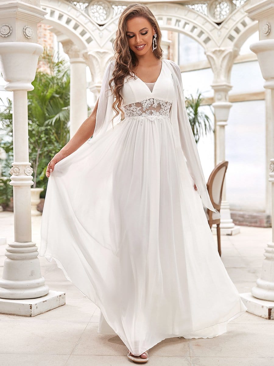 Illusion Lace V-Neck Cape Sleeves A-Line Wedding Dress #color_Cream 