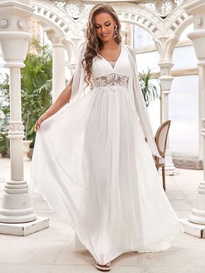 Illusion Lace V-Neck Cape Sleeves A-Line Wedding Dress #color_Cream 